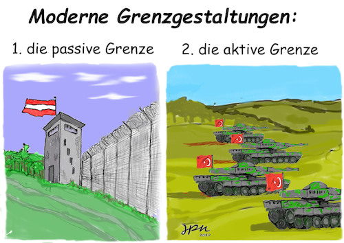 Cartoon: moderne Grenzgestaltung (medium) by jpn tagged europa,grenzen,austria,türkei,flüchtlinge,kurden,abschottung