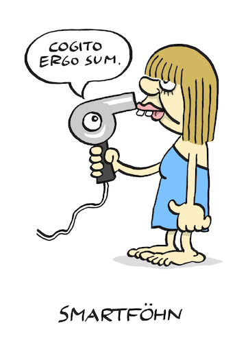 Cartoon: Haartrockner 4.0 (medium) by Bregenwurst tagged föhn,smartphone,digital,ki,haare,descartes