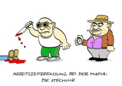 Cartoon: Stechuhr (medium) by Bregenwurst tagged eugh,arbeitszeiterfassung,stechuhr,arbeitszeit,mafia,messerstecherei