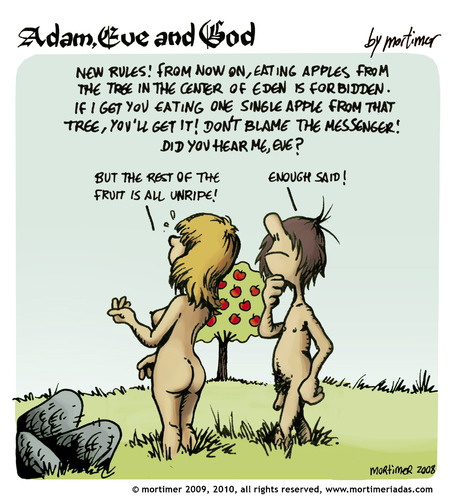 Cartoon: adam Eve and God 02 (medium) by mortimer tagged mortimer,mortimeriadas,cartoon,comic,gag,biblical,adam,eve,god,snake,bible,christian,holy,leaf,love,erotic,hairy,belly,blonde,flowers,paradise,eden,original,sin,gott,paradies,adam,eva,religion,bibel,entstehung,illustration,illustrationen