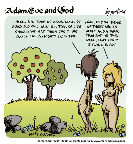 Cartoon: adam eve and god 10 (medium) by mortimer tagged mortimer,mortimeriadas,cartoon,comic,gag,adam,eve,god,bible,paradise,eden,biblical,christian,original,sin,nude,toons,hairy,belly,blonde,illustration,illustrationen,gott,bibel,religion,adam,eva,entstehung,paradies