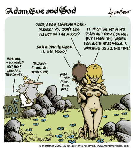 Cartoon: Adam Eve and God 14 (medium) by mortimer tagged mortimer,mortimeriadas,cartoon,comic,gag,biblical,adam,eve,god,snake,bible,christian,holy,leaf,love,erotic,hairy,belly,blonde,flowers,paradise,eden,original,sin