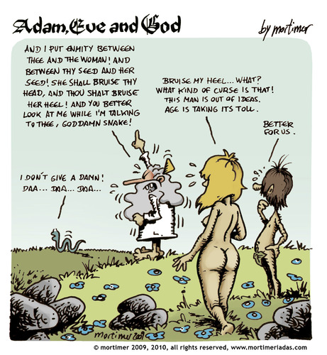 Cartoon: adam eve and god 23 (medium) by mortimer tagged mortimer,mortimeriadas,cartoon,comic,gag,adam,eve,god,bible,paradise,eden,biblical,christian,original,sin,nude,toons,hairy,belly,blonde,snake,apple,illustration,illustrationen,gott,bibel,religion,adam,eva,entstehung,paradies