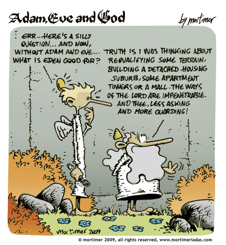 Cartoon: adam eve and god 36 (medium) by mortimer tagged english,adam,eve,god,cartoon,comic,gag,mortimer,mortimeriadas,biblical,christian,original,sin,expulsion,paradise,eden,snake,illustration,adam,eva,religion,entstehung,gott,bibel,comic