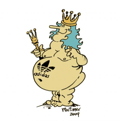 Cartoon: The Emperor s New Clothes (medium) by mortimer tagged mortimer,mortimeriadas,cartoon,emperor,new,clothes,traje,nuevo,emperador,adidas,globalization,marca,illustration,adidas,sport,schuhe,marke,logo,tattoo,tätowierung,markenzeichen,könig,nackt,bauch,macht,power,herrscher,globalisieren,handel,verkauf,wirtschaft,status,kleidung,kleider,anziehsachen,klamotten,fashion,mode