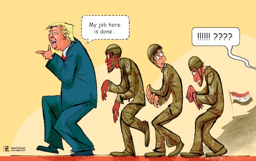 Cartoon: My job Here is done (medium) by Nasif Ahmed tagged syria,editorial,cartoon,trump,troop,military,sneakout