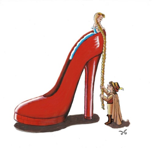 Cartoon: Rapunzel (medium) by menekse cam tagged schuh,damen,frau,mode,leidenschaften,feenmärchen,prinz,fashion,shoe,prince,passions,world,modern,character,woman,tale,fairy,rapunzel,rapunzel,märchen,prinz,prinzessin