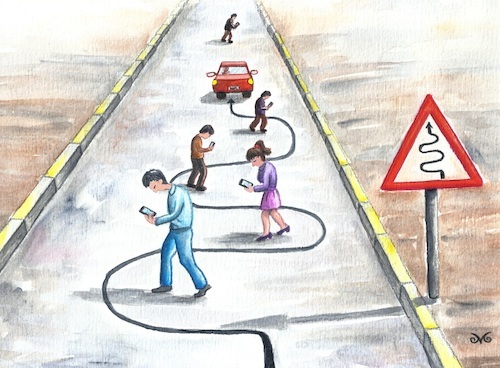Cartoon: technology addiction (medium) by menekse cam tagged technology,addiction,mobile,cellular,phone,traffic,sign