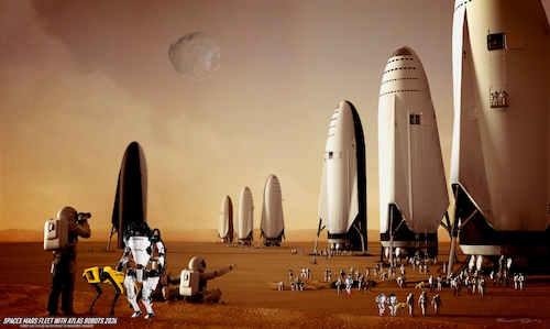 Cartoon: SpaceX Mars Fleet w Atlas Robots (medium) by Dedoshucos tagged spacex,boston,dynamics,atlas,spot,starship,crew,dragon