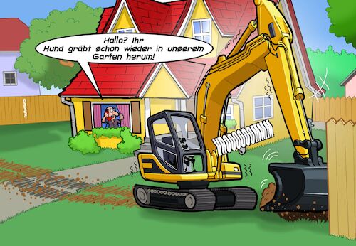 Cartoon: Ausgrabungen (medium) by Joshua Aaron tagged hund,graben,bagger,nachbar,haus,grundstück,buddeln,erde,hund,graben,bagger,nachbar,haus,grundstück,buddeln,erde