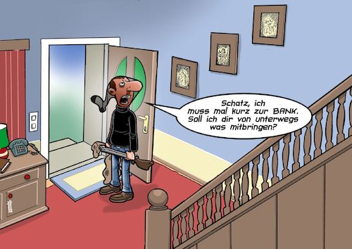 Cartoon: Bankweg (medium) by Joshua Aaron tagged bank,überfall,bankräuber,ehemann,familie,armut,kapitalisten,umverteilung,verbrechen,bank,überfall,bankräuber,ehemann,familie,armut,kapitalisten,umverteilung,verbrechen