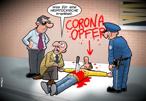 Cartoon: Corona-Opfer (medium) by Joshua Aaron tagged mord,covid,19,corona,virus,epidemie,pandemie,mord,covid,19,corona,virus,epidemie,pandemie