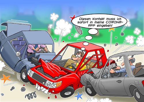 Cartoon: Corona App (medium) by Chris Berger tagged corona,warn,app,covid,19,smartphone,crash,unfall,autofahrer,corona,warn,app,covid,19,smartphone,crash,unfall,autofahrer