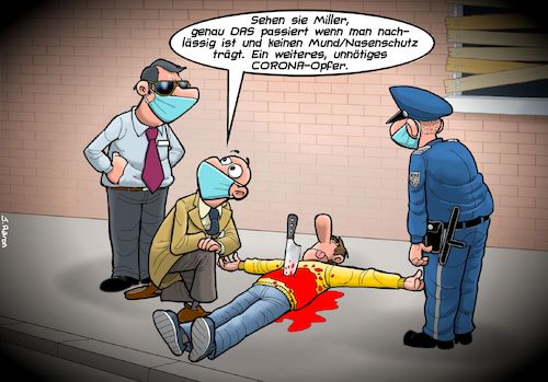 Cartoon: Corona Opfer (medium) by Chris Berger tagged mundschutz,nasenschutz,covid,corona,hygienemassnahmen,pandemie,mord,polizei,cops,mundschutz,nasenschutz,covid,corona,hygienemassnahmen,pandemie,mord,polizei,cops