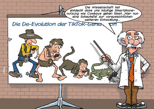 Cartoon: DeEvolution (medium) by Joshua Aaron tagged evolution,tiktok,social,media,smartphone,internet,sucht,handysucht,evolution,tiktok,social,media,smartphone,internet,sucht,handysucht