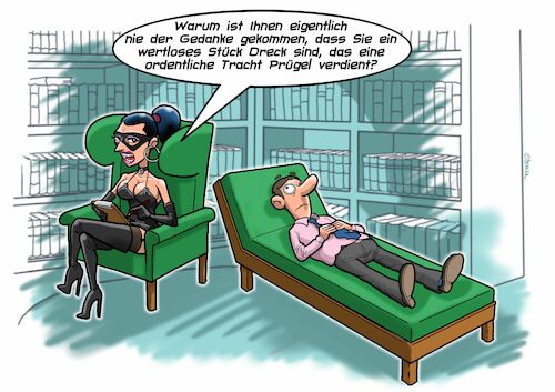 Cartoon: Domina Psychiaterin (medium) by Joshua Aaron tagged domina,sm,psychologe,psychiater,couch,patient,domina,sm,psychologe,psychiater,couch,patient