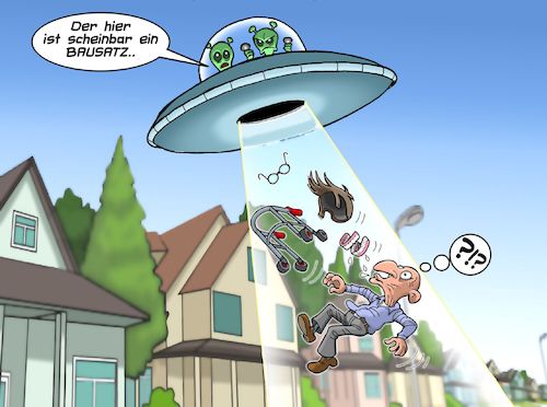 Cartoon: Einzelteile (medium) by Joshua Aaron tagged aliens,pensionist,rentner,einzeteile,zähne,gebiss,haare,perücke,brille,rollator,krücke,aliens,pensionist,rentner,einzeteile,zähne,gebiss,haare,perücke,brille,rollator,krücke