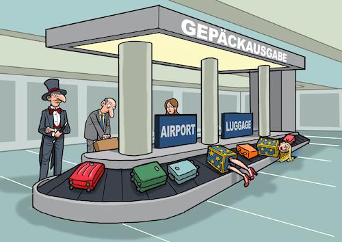 Cartoon: Gepäckausgabe (medium) by Joshua Aaron tagged magier,flughafen,zersägte,jungfrau,assistentin,zauberer,gepäck,koffer,magier,flughafen,zersägte,jungfrau,assistentin,zauberer,gepäck,koffer