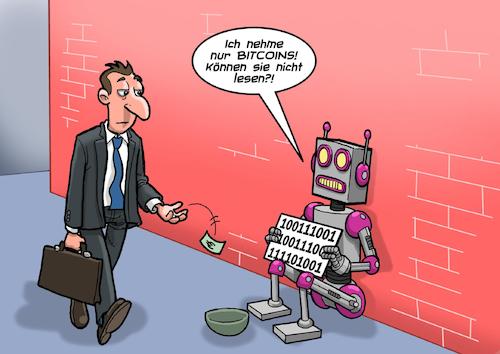 Cartoon: Gestrauchelter Roboter (medium) by Joshua Aaron tagged roboter,computer,sprache,bitcoin,bettler,betteln,roboter,computer,sprache,bitcoin,bettler,betteln