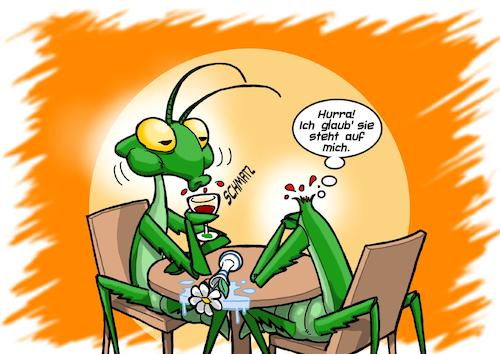 Cartoon: Gottesanbeterin Date (medium) by Chris Berger tagged gottesanbeterin,mantis,paarung,kopf,decapitation,weibchen,männchen,insekten,gottesanbeterin,mantis,paarung,kopf,decapitation,weibchen,männchen,insekten