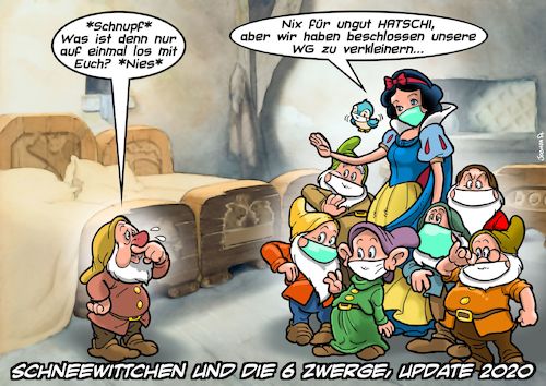 Cartoon: Hatschi muss weg. (medium) by Joshua Aaron tagged schneewitchen,sieben,zwerge,disney,märchen,covid,pandemie,grippe,ansteckung,mundschutz,maske,schneewitchen,sieben,zwerge,disney,märchen,covid,pandemie,grippe,ansteckung,mundschutz,maske