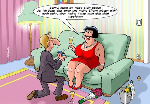 Cartoon: Heiratsantrag (medium) by Joshua Aaron tagged heirat,verlobung,katze,schwiegersohn,antrag,heirat,verlobung,katze,schwiegersohn,antrag