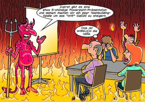 Cartoon: Hölle (medium) by Joshua Aaron tagged hölle,teambuilding,powerpoint,team,mitarbeiterschulung,teufel,satan,luzifer,hölle,teambuilding,powerpoint,team,mitarbeiterschulung,teufel,satan,luzifer