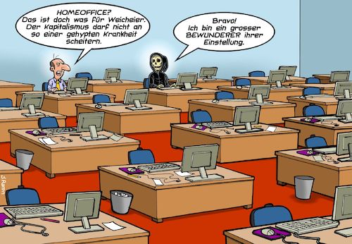 Cartoon: Homeoffice Nein Danke (medium) by Joshua Aaron tagged homeoffice,corona,covid,tod,warmduscher,weicheier,ansteckung,pandemie,homeoffice,corona,covid,tod,warmduscher,weicheier,ansteckung,pandemie