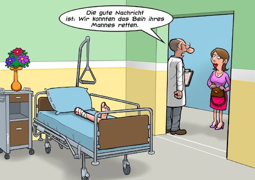 Cartoon: Im Krankenhaus (medium) by Chris Berger tagged unfall,bein,amputation,arzt,patient,ehefrau,krankenhaus,krankenzimmer,unfall,bein,amputation,arzt,patient,ehefrau,krankenhaus,krankenzimmer