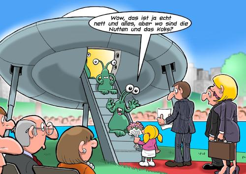 Cartoon: Kontakt der dritten Art (medium) by Joshua Aaron tagged aliens,landung,ufo,ausserirdische,drogen,nutten,versammlung,aliens,landung,ufo,ausserirdische,drogen,nutten,versammlung