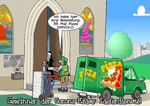 Cartoon: Krisengewinner (medium) by Joshua Aaron tagged pizza,pizzeria,lieferdienst,kloster,diavolo,pandemie,corona,covid,lieferando,pizza,pizzeria,lieferdienst,kloster,diavolo,pandemie,corona,covid,lieferando