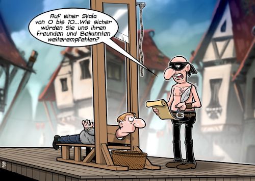 Cartoon: Kundenzufriedenheit (medium) by Joshua Aaron tagged kundenzufriedenheit,kundenbindung,umfrage,guillotine,hinrichting,mittelalter,köpfen,henker,kundenzufriedenheit,kundenbindung,umfrage,guillotine,hinrichting,mittelalter,köpfen,henker