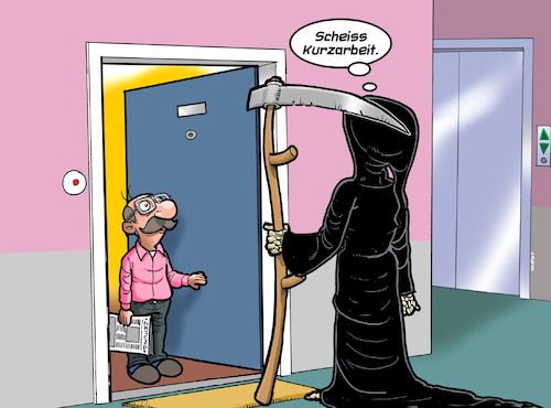 Cartoon: Kurzarbeit (medium) by Joshua Aaron tagged kurzarbeit,kleinwüchsiger,zwerg,kurz,tod,gevatter,sensenmann,kurzarbeit,kleinwüchsiger,zwerg,kurz,tod,gevatter,sensenmann