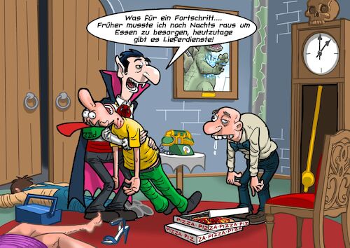 Cartoon: Lieferando (medium) by Chris Berger tagged lieferdienst,handwerker,essen,zusteller,dracula,blutsauger,vampir,lieferdienst,handwerker,essen,zusteller,dracula,blutsauger,vampir