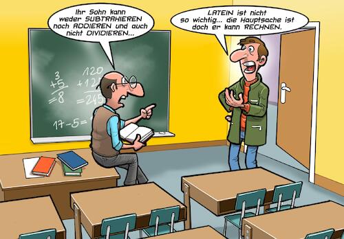 Cartoon: Mathe und Latein (medium) by Joshua Aaron tagged math2022,mathematik,latein,eltern,sprechtag,lehrer,vater,sohn,math2022,mathematik,latein,eltern,sprechtag,lehrer,vater,sohn