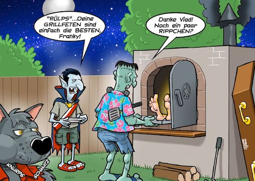 Cartoon: Monster BBQ (medium) by Chris Berger tagged frankensteins,monster,dracula,werwolf,barbeque,grillerei,fete,fest,leiche,toter,frankensteins,monster,dracula,werwolf,barbeque,grillerei,fete,fest,leiche,toter