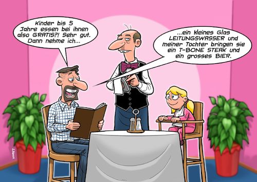 Cartoon: Neulich im Restaurant (medium) by Joshua Aaron tagged restaurant,kinder,essen,gratis,sparfuchs,sparefroh,klemmer,bausparer,restaurant,kinder,essen,gratis,sparfuchs,sparefroh,klemmer,bausparer