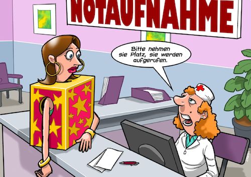 Cartoon: Notaufnahme (medium) by Joshua Aaron tagged notaufnahme,krankenhaus,unfall,zauberer,magier,zersägte,jungfrau,krankenschwester,notaufnahme,krankenhaus,unfall,zauberer,magier,zersägte,jungfrau,krankenschwester