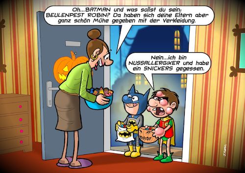 Cartoon: Nussallergie (medium) by Joshua Aaron tagged allergiker,allergie,nuss,halloween,süssigkeiten,allergiker,allergie,nuss,halloween,süssigkeiten