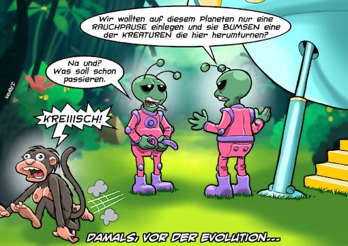 Cartoon: Our roots began in Africa (medium) by Joshua Aaron tagged aliens,evolution,erich,von,däniken,verschwörungstheorie,aliens,evolution,erich,von,däniken,verschwörungstheorie