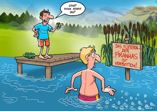 Cartoon: Piranhas (medium) by Chris Berger tagged badesee,teich,piranhas,füttern,carnivore,fische,bier,fleischfresser,badesee,teich,piranhas,füttern,carnivore,fische,bier,fleischfresser