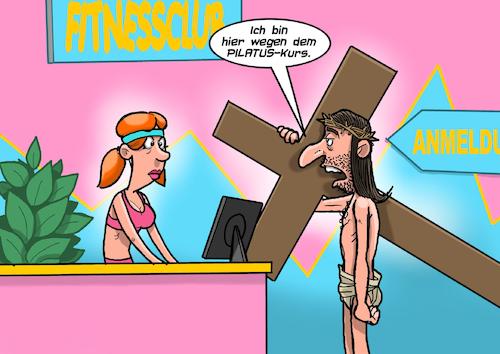 Cartoon: Pontius Pilates (medium) by Joshua Aaron tagged pilatus,pilates,kurs,jesus,fitness,center,gym,anmeldung,rezeption,pilatus,pilates,kurs,jesus,fitness,center,gym,anmeldung,rezeption