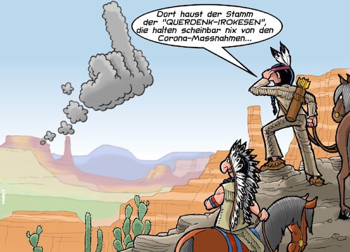 Cartoon: Querdenken im Wilden Westen (medium) by Joshua Aaron tagged querdenker,ballweg,corona,leugner,covid,pandemie,wilder,westen,indianer,prärie,querdenker,ballweg,corona,leugner,covid,pandemie,wilder,westen,indianer,prärie