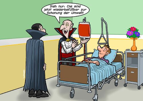 Cartoon: Recycling (medium) by Joshua Aaron tagged umwelt,grün,recycling,wiederbefüllbar,blut,vampir,dracula,krankenhaus,umwelt,grün,recycling,wiederbefüllbar,blut,vampir,dracula,krankenhaus