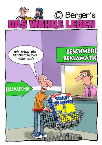 Cartoon: Reklamation (medium) by Chris Berger tagged reklamation,bodybuilder,kraft,hanteln,verpackung,reklamation,bodybuilder,kraft,hanteln,verpackung