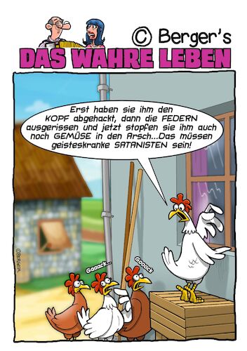 Cartoon: Satanisten (medium) by Chris Berger tagged hühner,huhn,kochen,braten,satanismus,religion,hühner,huhn,kochen,braten,satanismus,religion