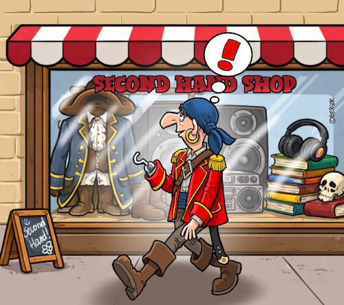Cartoon: Second Hand Shop (medium) by Chris Berger tagged pirat,hand,prothese,second,shop,pirat,hand,prothese,second,shop