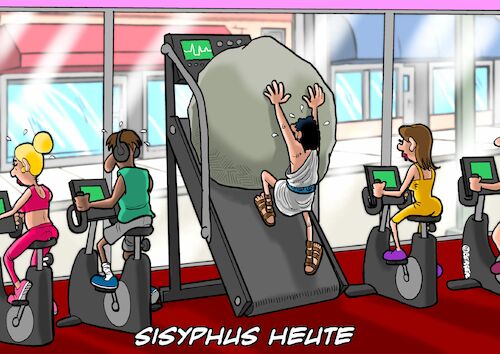 Cartoon: Sisyphus (medium) by Joshua Aaron tagged sisyphos,fitnesscenter,treadmill,kardio,sisyphos,fitnesscenter,treadmill,kardio