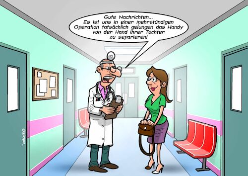 Cartoon: Smartphone separiert (medium) by Chris Berger tagged handy,smartphone,iphone,sucht,operation,krankenhaus,eltern,kinder,handy,smartphone,iphone,sucht,operation,krankenhaus,eltern,kinder