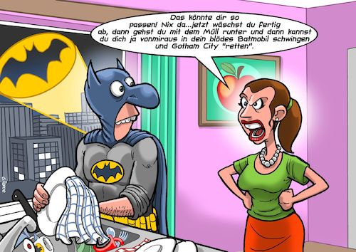 Cartoon: Superheldenehe (medium) by Joshua Aaron tagged batman,ehefrau,notfall,gotham,pantoffelheld,abwasch,hausarbeit,zank,xanthippe,batman,ehefrau,notfall,gotham,pantoffelheld,abwasch,hausarbeit,zank,xanthippe